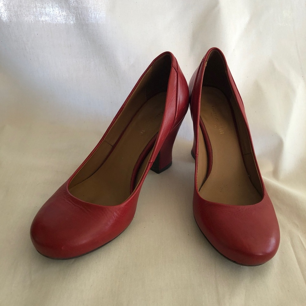 Red round toe pumps by Garnet hill
